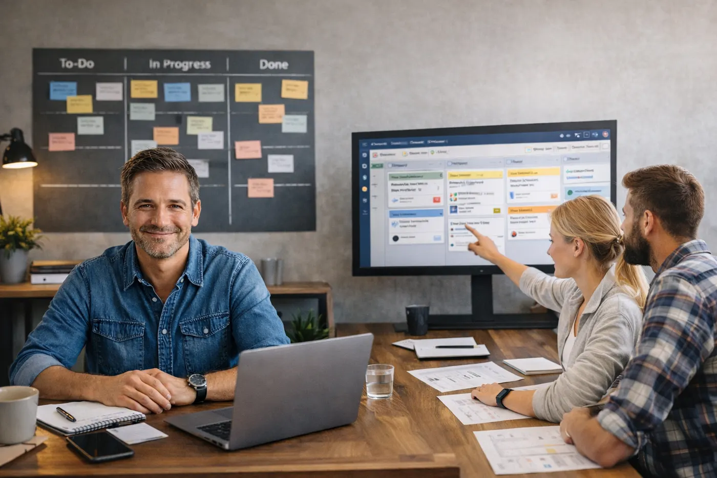 Team arbeitet gemeinsam an einem Aufgaben-Board