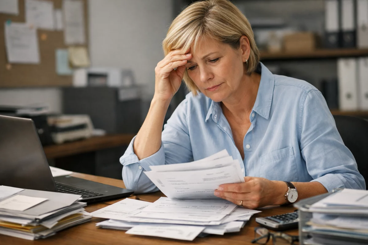Handwerker frustriert über Papierkram am Schreibtisch
