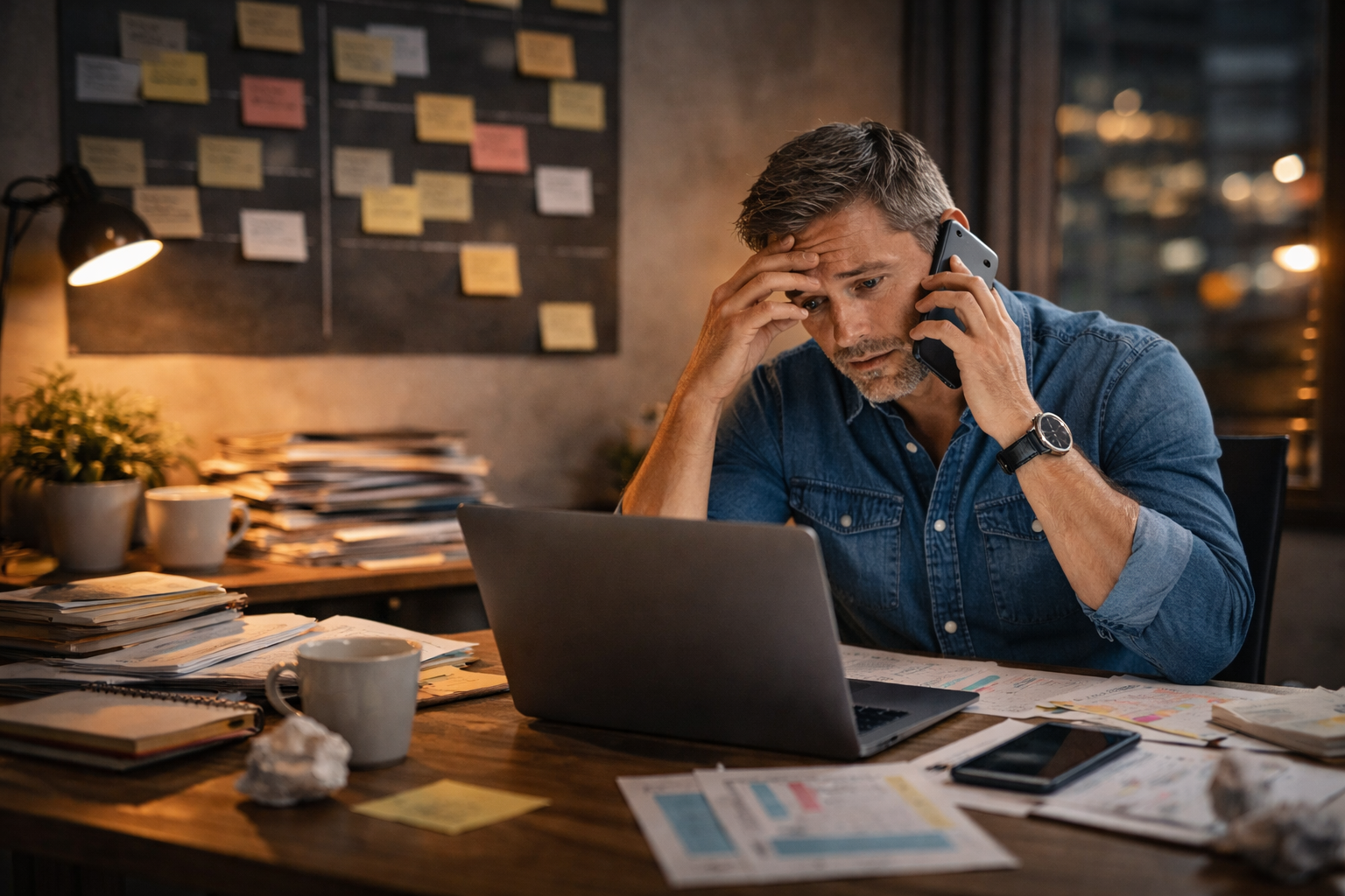 Unternehmer am Schreibtisch – gestresst vom Tagesgeschäft